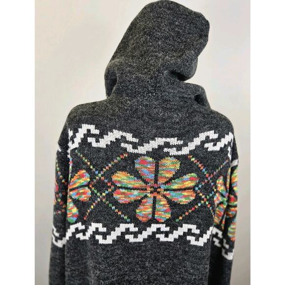 Irish 4 Leaf Clover Open Cardigan Long Gray Hooded Wool Pockets XL LAGENLOOK - Picture 6 of 11